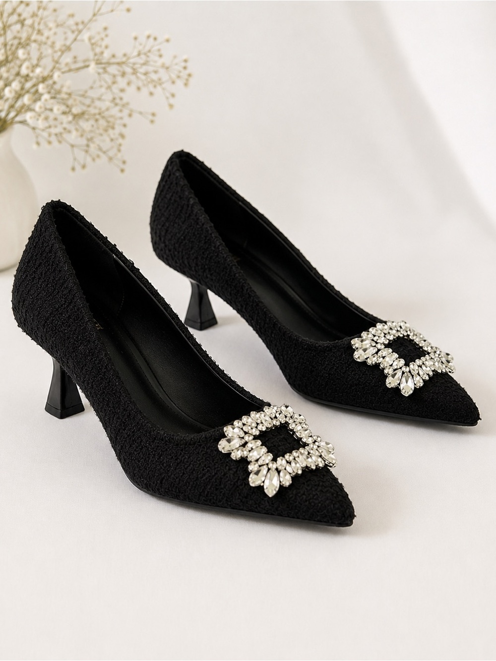 Zara Black Textured Crystal Embellished Buckle Pointed-Toe Pumps - Picture 2 of 13